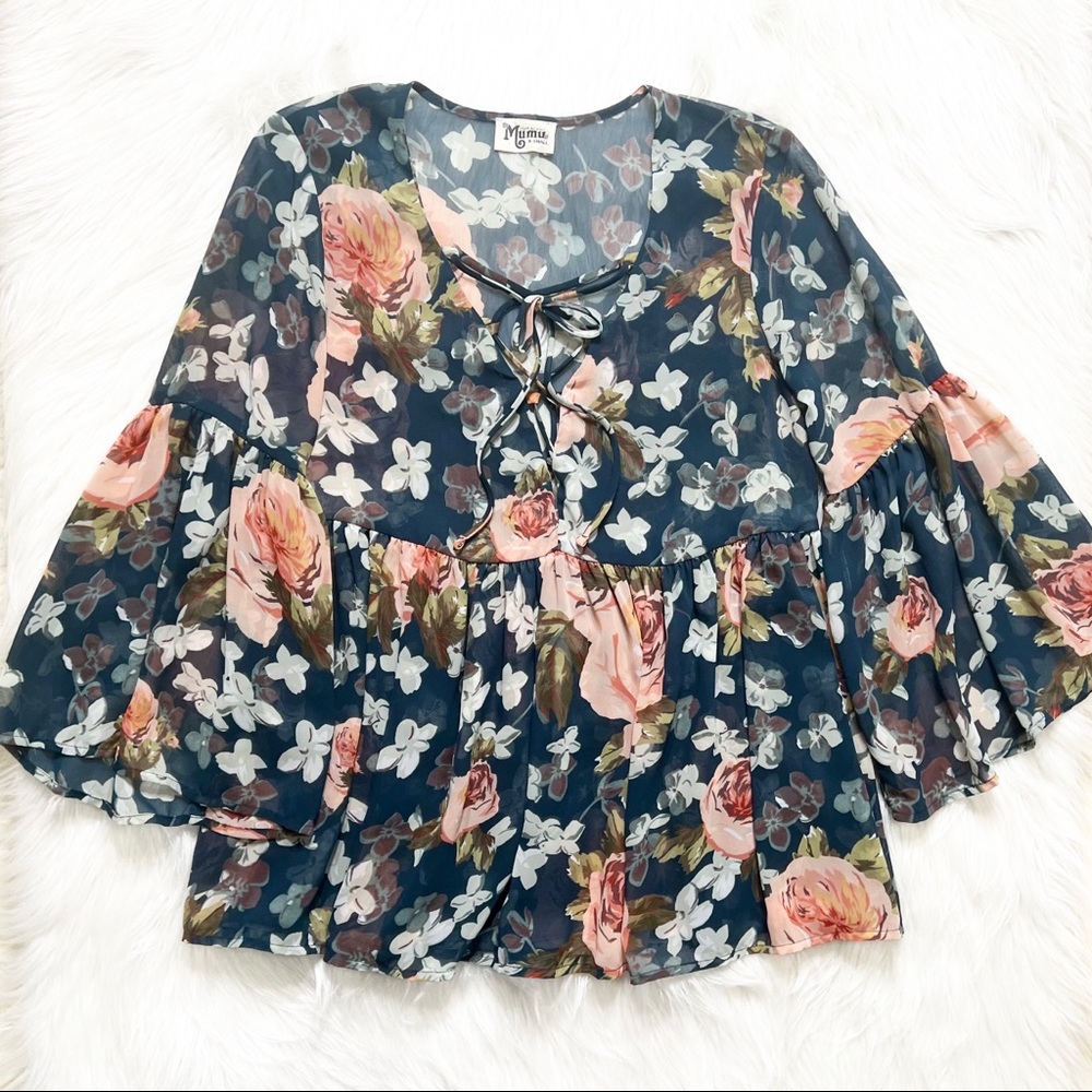 Show Me Your Mumu Teal Floral Tie Neck Bell Sleeve Ruffled Peplum Peasant Blouse - Picture 7 of 9